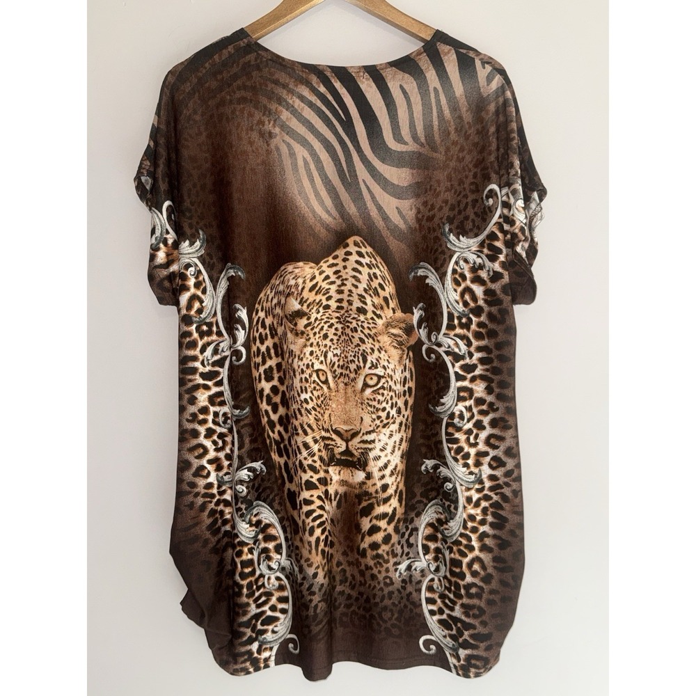 Blossom By P Leopard Tunic Top Rhinestone Bling Slinky Knit Animal Ruched L/XL - Picture 8 of 13